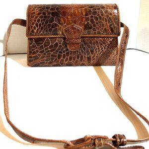 Handmade vintage Croc-Embossed Brown Leather Crossbody Bag